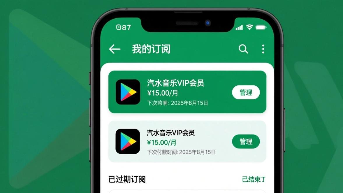 Android手机Google Play订阅管理页面,显示汽水音乐订阅卡片及管理选项